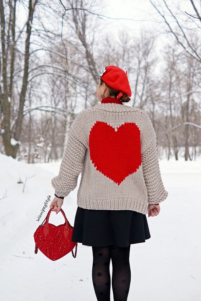 Winnipeg Style, Chicwish red heart knitted cardigan, Mary Frances beaded red heart handbag purse, River Island neoprene black skater skirt, Canadian fashion blog, winter 2022